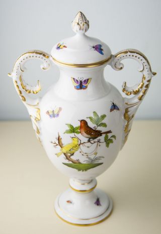 Herend Rothschild Bird Porcelain Big Urn Vase With Handles,  Mint photo