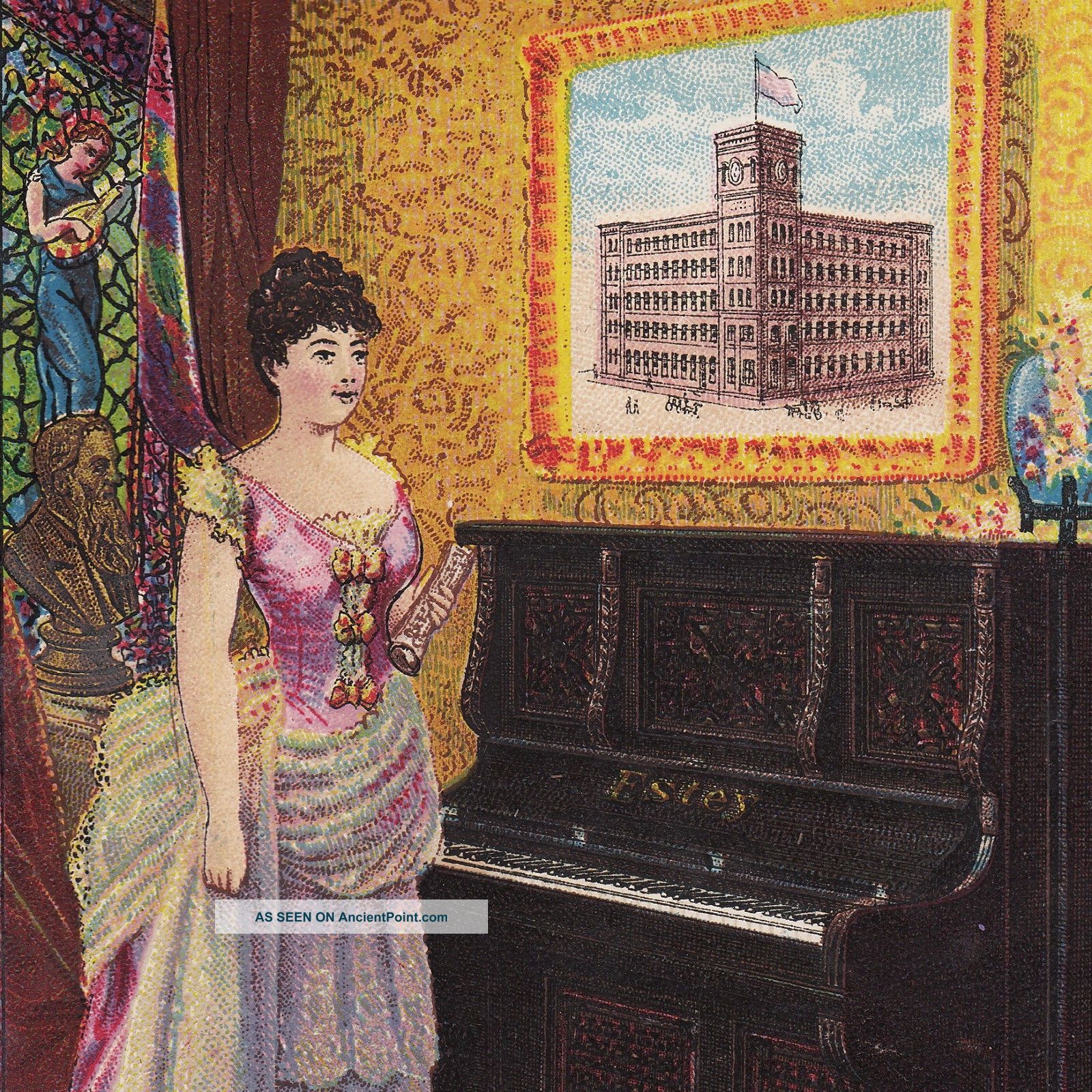 Estey Piano Co New York Ny Factory View Antique Victorian Advertising Trade Card Keyboard photo