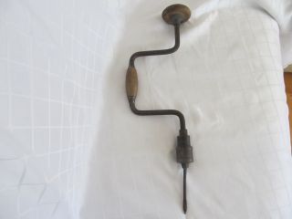 Old Primitive Hand Drill Wood Handle Wrought Iron photo