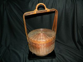 Early Antique Hand Woven Brown Wicker Basket From Floyd Buckley Estate photo