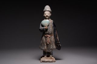 Antique Chinese Ming Dynasty Glazed & Painted Pottery Gentleman Statue - 1368 Ad photo