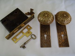 Antique Cast Bronze Brass Door Knob Set Mortise Lock Key 2 Sets Avail.  397 photo