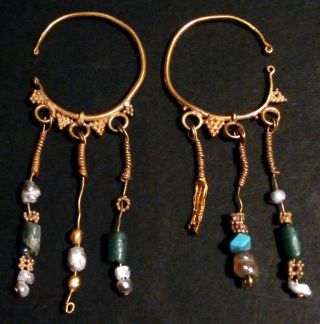 Parthian Egyptian Gold Earings Pearl Turquoise Glass Beads Persian 3rd Century photo