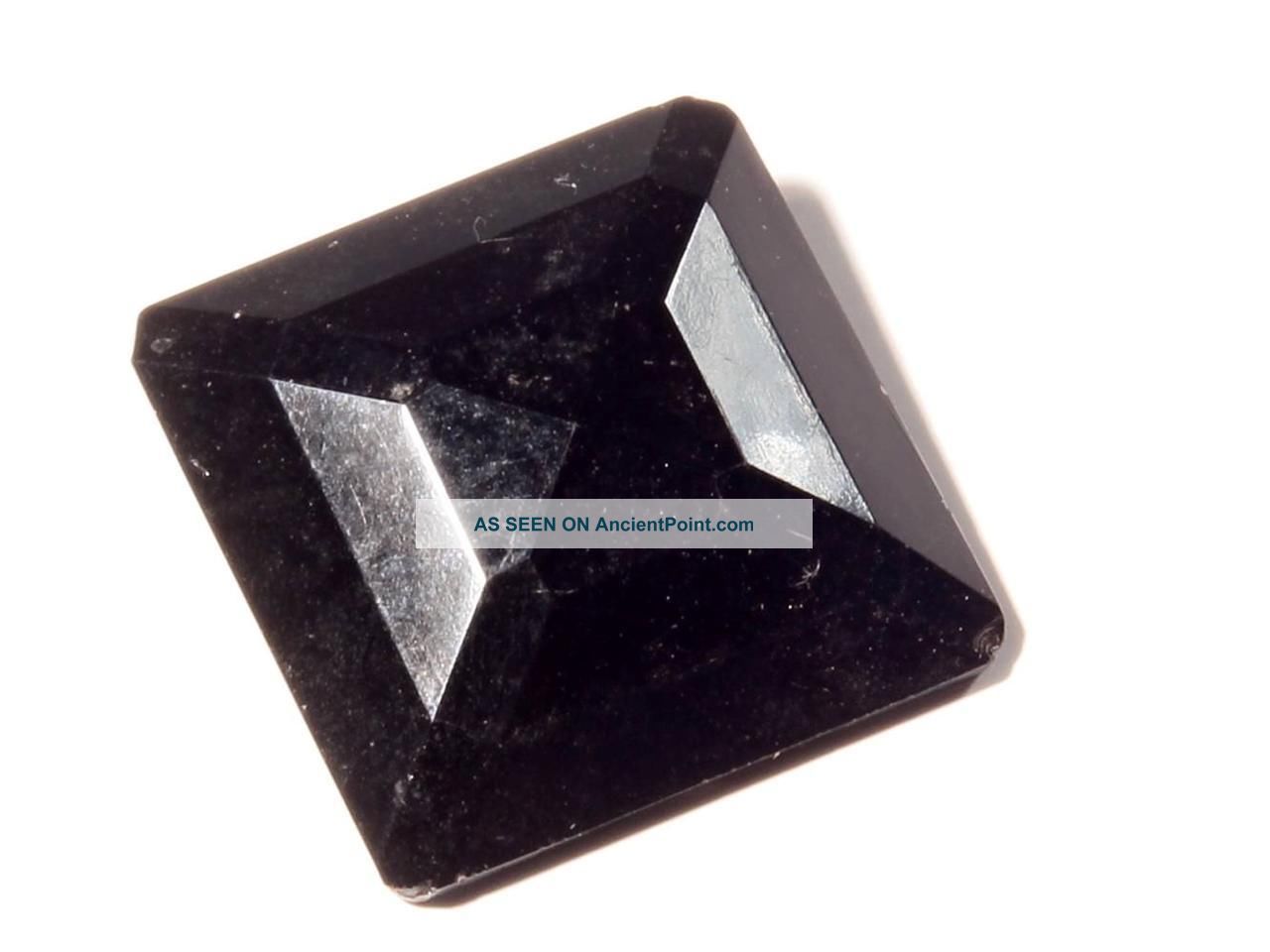 (1) 35mm Czech Antique Square Faceted Black Glass Button Metal Loop Shank Buttons photo