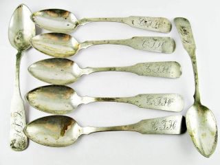 Set Of 7 Antique Coin Silver Spoons 5 & 3/4 