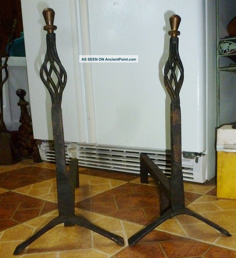 Mid - Century Modern Wrought Iron Andirons 19 1/4 Inches Tall 20 In Deep Hearth Ware photo
