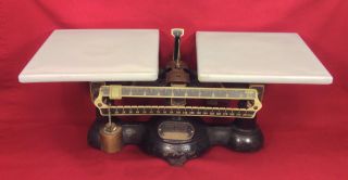 Antique Ohaus Metric Scale W/ Milk Glass Pans Brass Weight 2 Kilo Capacity photo