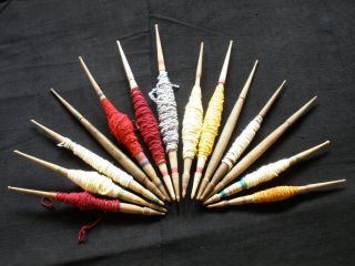 14 Spindles Antique Primitive Wooden Yarn Spinning Items 19th C Sewing Tools photo