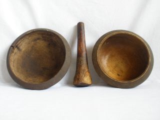 Wood Primitive Antique Edge Crafted Older Handmade Bowls Natural Pestle photo