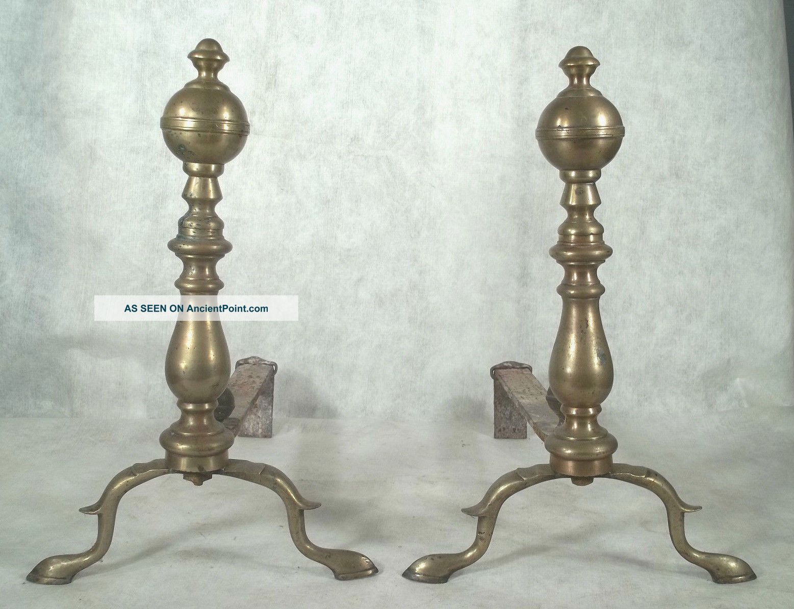 Pair Antique 19th C.  Snake Foot Ball And Finial Brass Andirons Hearth Ware photo