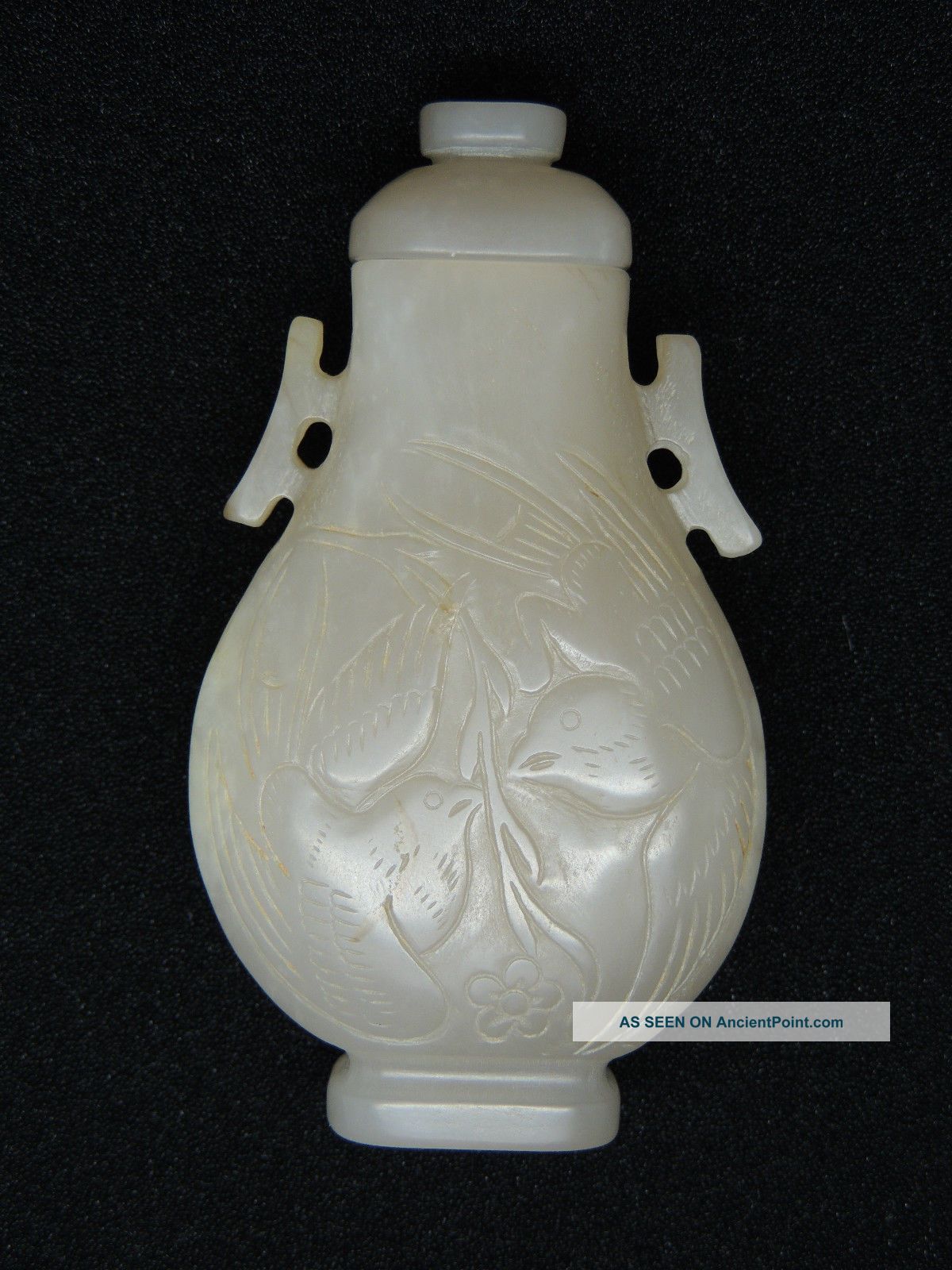 Rare Chinese “four Birds And Flowers” Jade Bottle With Cap Chinese photo