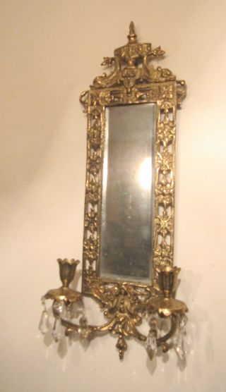 Big Vintage Orante Figural Brass Crystal Wall Mount Mirror Candle Holder Sconce photo