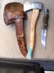 Antique Native American Indian H/made Knife Axe W/leather Scabbard Sheath Sign Native American photo 1