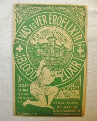 Old Medicine Bottle Label For Blood Tonic Elixir Red Cross Pharmacy Cleveland Oh photo