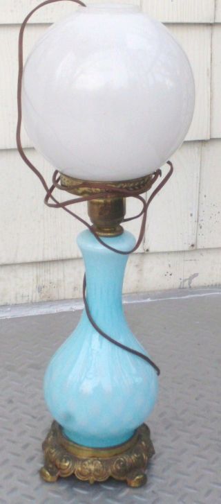 Antique Blue Opaline Lamp Ribbed & Optic Motif White Opaline Shade Unique 24in photo
