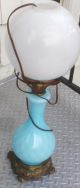 Antique Blue Opaline Lamp Ribbed & Optic Motif White Opaline Shade Unique 24in Lamps photo 1