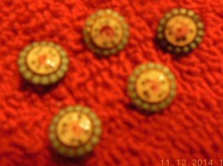 Set Of 5 Antique Brass And Enamel Painted Buttons Matching Roses Early Buttons photo