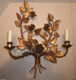 Hollywood Regency Style Gold Gilt Toleware Metal Roses Electric Wall Sconce photo