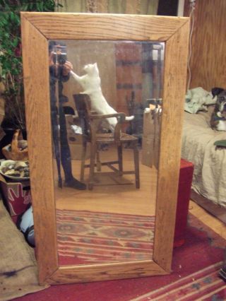 Large Antique Rustic Oak Mission Arts & Crafts Wood Frame Mirror photo