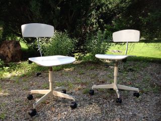 Pair Vintage Labofa Mid - Century Industrial Drafting White Modern Office Chairs photo