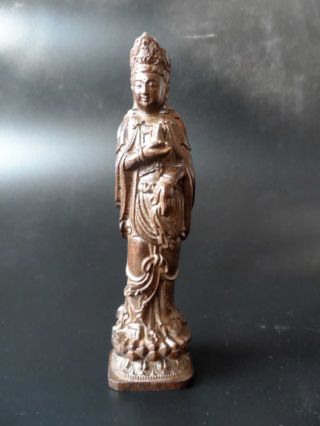 Finely Crafted Chinese Natural Wood Carved Guanyin Statue photo