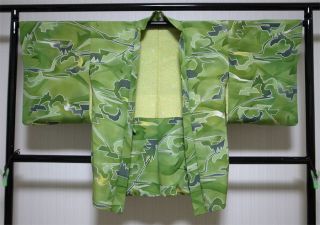 Japanese Kimono Haori Jacket Silk,  Green,  Abstruct Pattern,  050 photo
