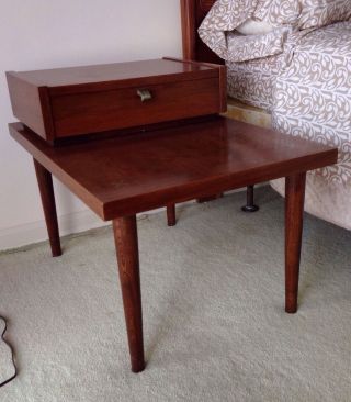 Pair American Of Martinsville Walnut Step End Tables,  Drawers,  Metal Cross Inlay photo