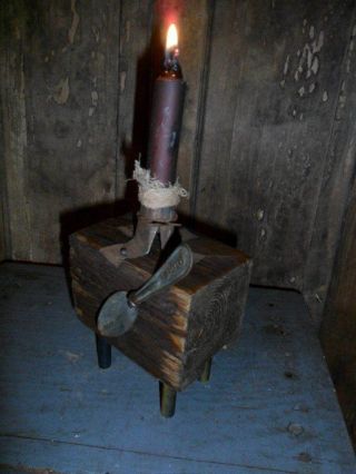 Primitive Chopping Block Rustic With Candle Holder & Candle & Tiny Old Spoon photo