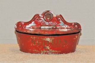 Antique Red Painted Tin Stenciled Match Safe Holder,  Americana,  Boxes photo
