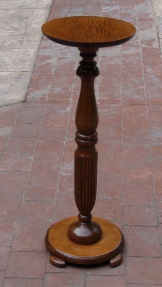 Antique 19c Oak Hand Carved Round Top Pedestal Lamp,  Planter Display Stand,  Table photo