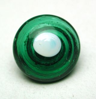 Antique Charmstring Glass Button Green Dome W/ Whit Dot Swirl Back photo