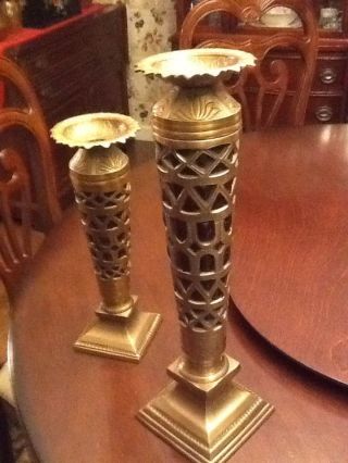 Pair Inlaid Red Stone Heavy Brass Candle Sticks photo