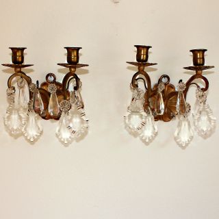 Antique French Gilded Bronze Sconces With Beveled Crystals photo