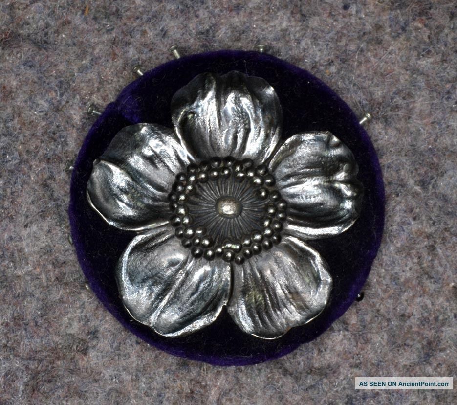 Sewing Pin Cushion Case Keeper Velvet Silver Dog Wood Blossom Antique 1800s Pin Cushions photo
