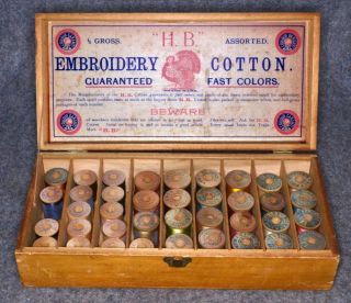 Thread Box Embroidery Silk Cotton 28 Spools Store Display Antique 1900 photo