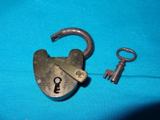 Working Vr Crown Patent Brass Victorian Padlock With Hollow Barrel Skeleton Key photo
