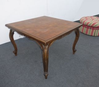 Unique Vintage Parquet Top Dining Table Mid - Century Carved Card Table W 2 Leaves photo