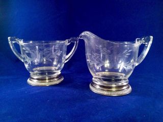 Vintage Etched Floral Design Glass Sugar Bowl & Creamer Set Sterling Silver Base photo