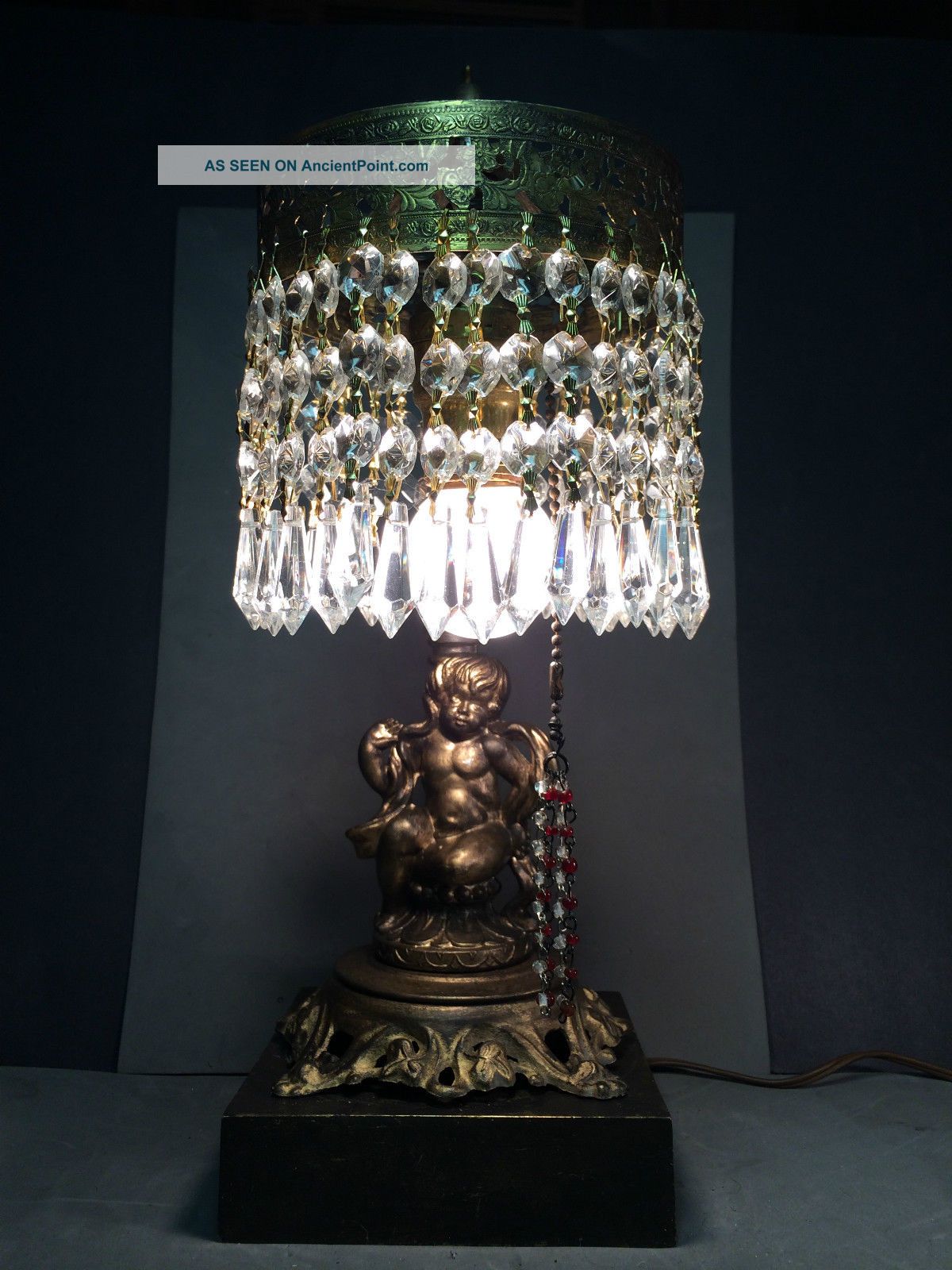 Awesome Antique Brass Iron Cherub, Victorian Crystal Table Lamps