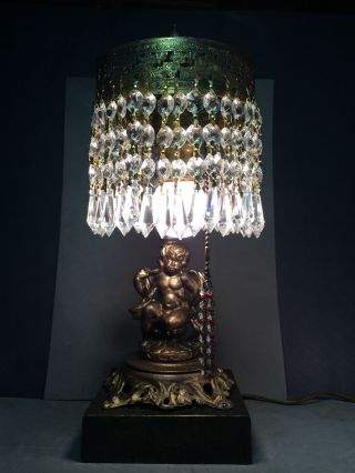 Awesome Antique Brass & Iron Cherub Table Lamp W/crystals,  Early 1900 ' S photo