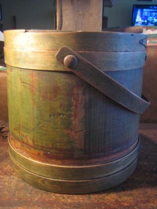Lg.  Size Antique Firkin Bucket In Apple Green Paint - All. photo