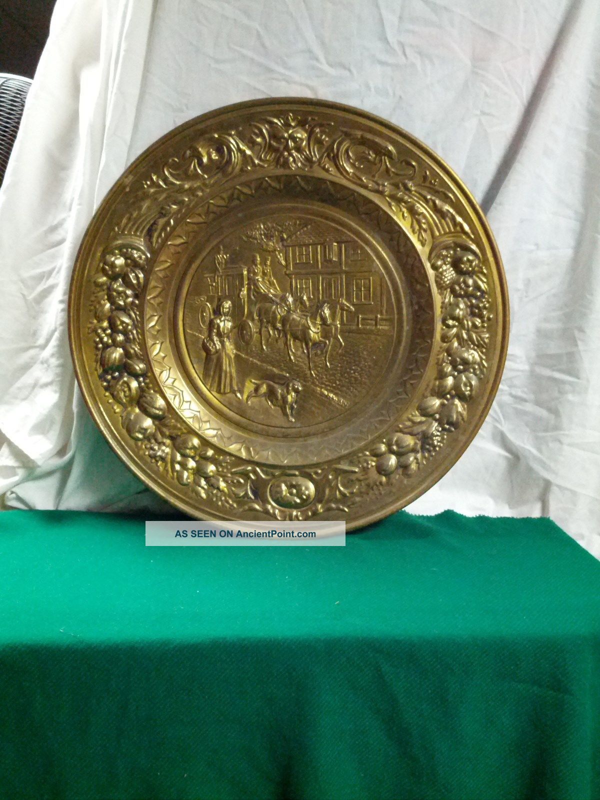 Brass Wall Picture Plate.  Carriage & Woman With Dog Made In England 22 5/8 Inch. Metalware photo