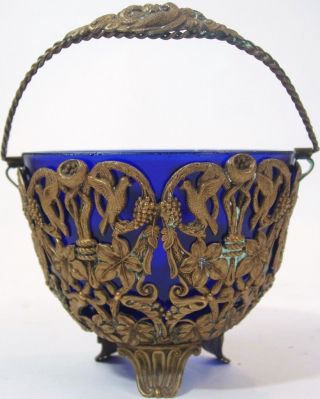 Bronze Art Nouveau Grape Vine Wedding Basket Blue Glass - Love Birds - Flower Girl photo