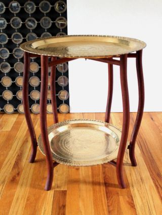 Mid Century 60 ' S Asian Brass & Siamese Teak Double Tiered Tray Table Hong Kong photo