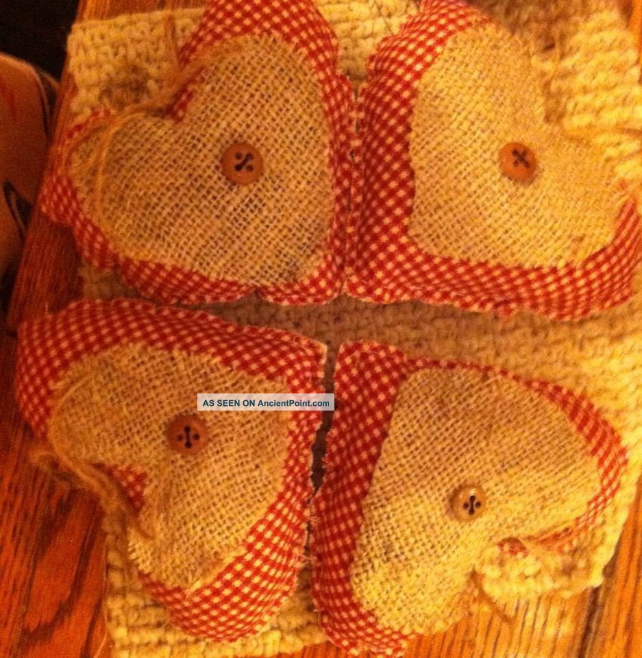 Folk Art Primitive Country/ Valentine ' S Burlap Red Checkered Hearts 2 Lg Pairs Primitives photo