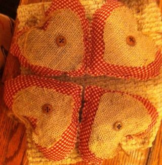 Folk Art Primitive Country/ Valentine ' S Burlap Red Checkered Hearts 2 Lg Pairs photo