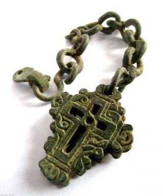 1300 A.  D British Found Medieval Bronze Ecclesiastical Reliquary Cross Pendant.  Vf photo