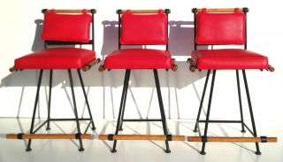Mid Century Modern Cleo Baldon Barstools Set Of 3 Three Restored Terra Oak Retro photo