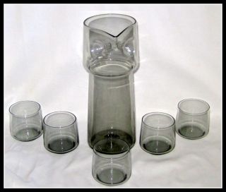 60 ' S Mid Century Modern Owl Holmegaard Smoke Glass Pitcher / Decanter +5 Glasses photo