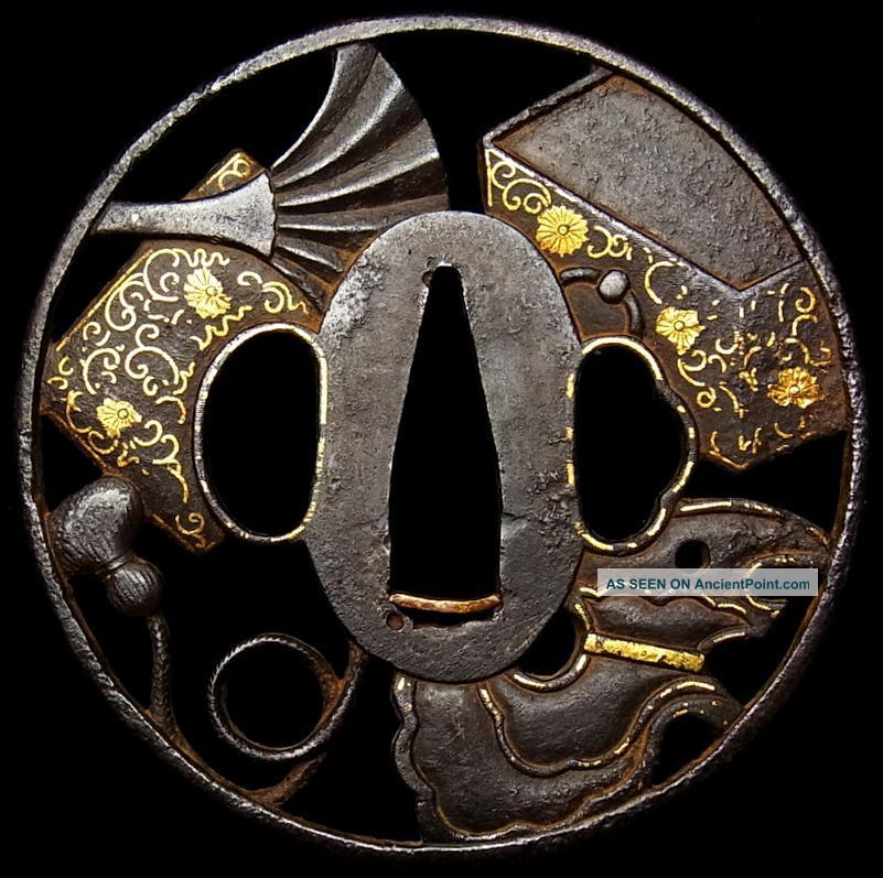 965 Rare Japanese Edo Antique Sukashi Tsuba Of Samurai Katana 
